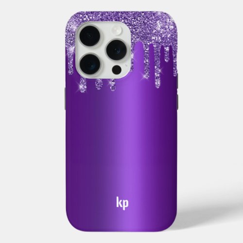 Modern purple glitter drips on metallic purple iPhone 15 pro case