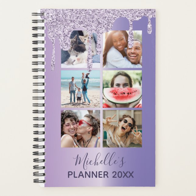 Modern Purple Glitter Drips Photo Collage Daily   Planner (Front)