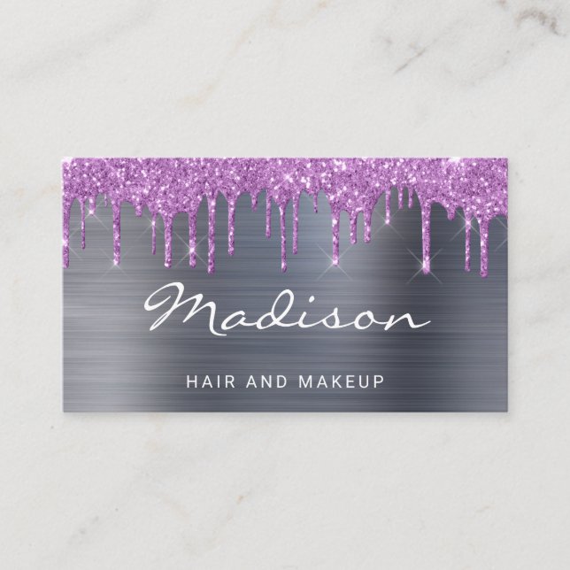Modern Purple Glitter Drips Stylist Business Card (Front)