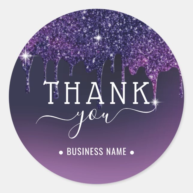 Modern Purple Glitter Drips Thank You  Classic Round Sticker (Front)