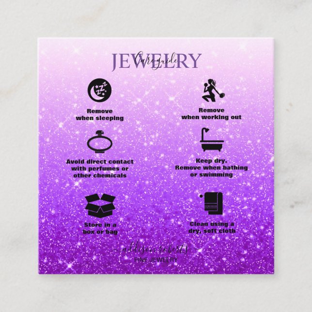 Modern   Purple Glitter  Jewelry Care Square Business Card (Front)