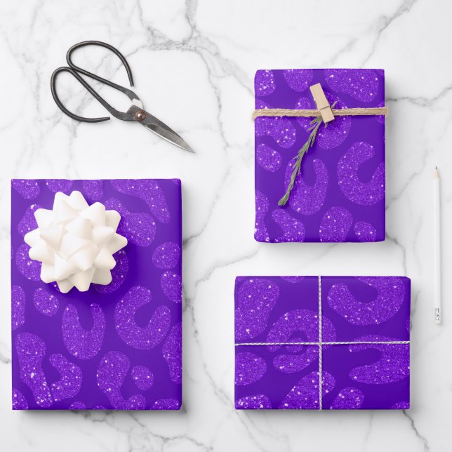 modern Purple Glitter leopard Wrapping Paper Sheets (Front)
