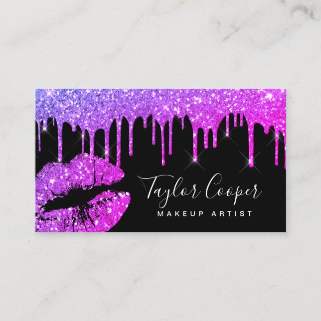Modern purple glitter lips makeup artist  business card (Front)