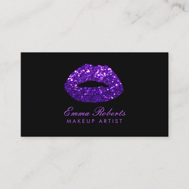Modern Purple Glitter Lips Makeup Artist  Business Card (Front)