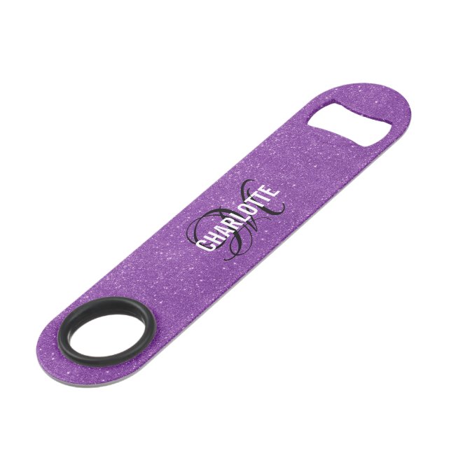Modern purple glitter monogram name bar key (Back Angled)