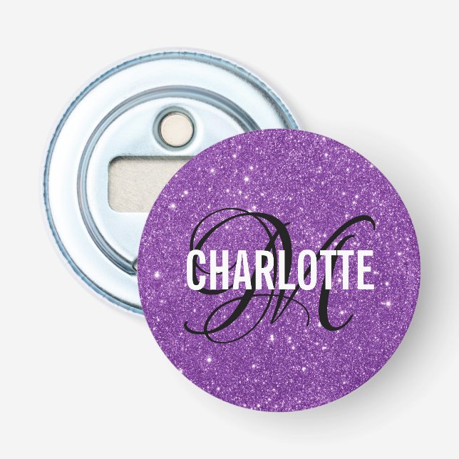 Modern purple glitter monogram name bottle opener (Front)