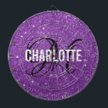 Modern purple glitter monogram name dart board<br><div class="desc">Modern purple glitter dart board with a white typography name and black monogram. Personalize with name and initial.</div>