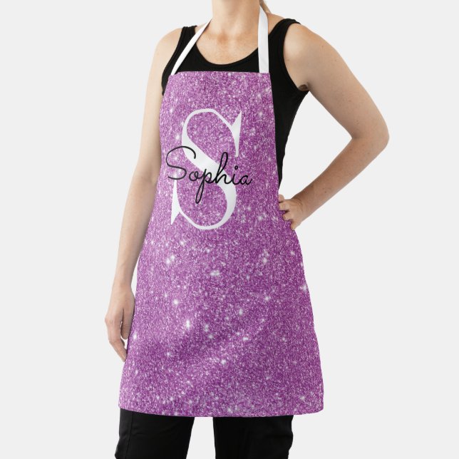 Modern Purple Glitter Monogram Personalized Name Apron (Insitu)