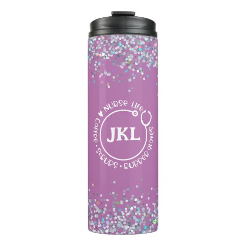 Modern Purple Glitter Monogram Stethoscope Nurse Thermal Tumbler