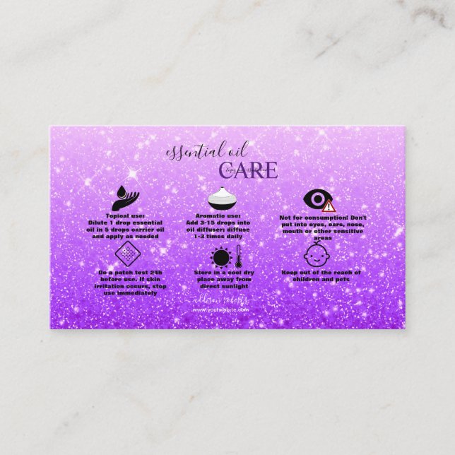 Modern  Purple Glitter Oil Care Business Card (Front)