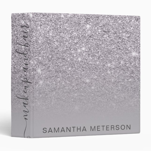Modern purple glitter ombre lavender makeup hair 3 ring binder (Front/Spine)