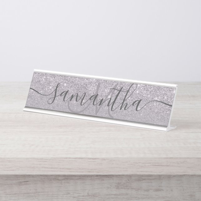 Modern purple glitter ombre lavender monogram desk name plate (Front)