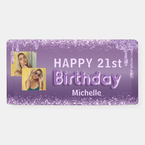 Modern Purple Glitter Photo 21st Birthday  Banner