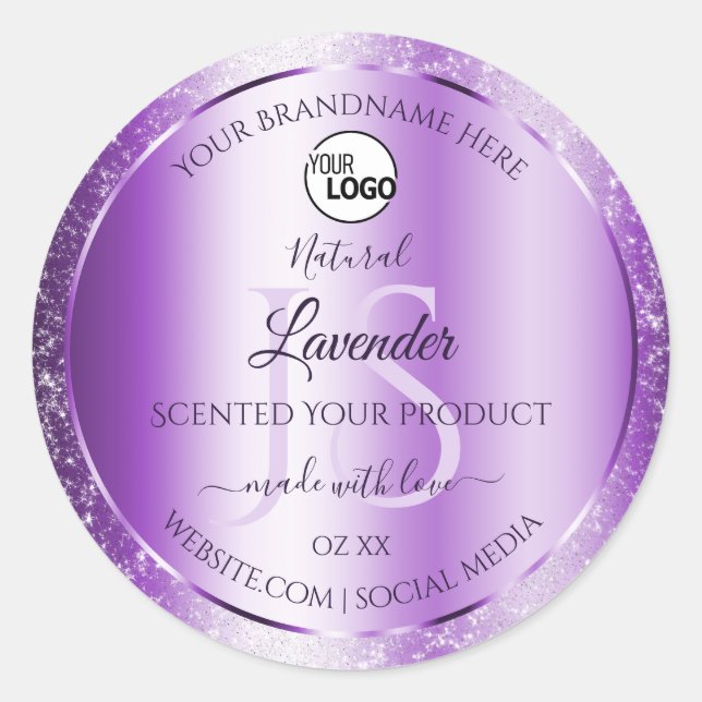 Modern Purple Glitter Product Labels Monogram Logo (Front)