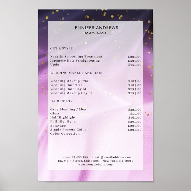 Modern, Purple Glitter Salon Price List Poster (Front)