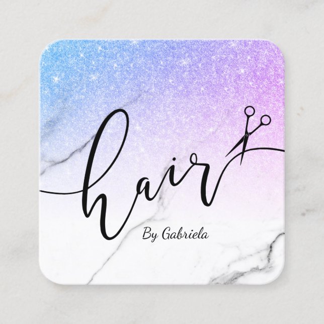 Modern purple glitter scissors hairstylist square business card (Front)