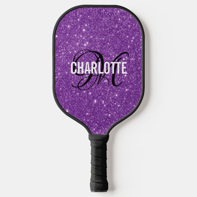 Modern purple glitter script monogram name  pickleball paddle (Front)