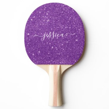 Modern purple glitter script name ping pong paddle