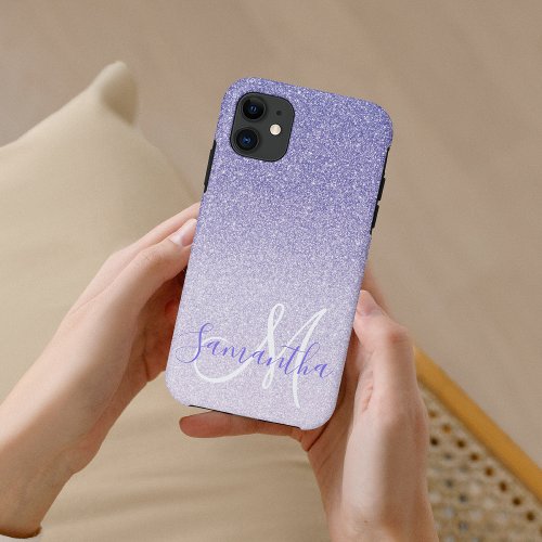 Modern Purple Glitter Sparkles Personalized Name iPhone 11 Case