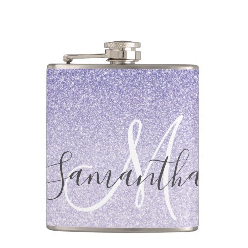 Modern Purple Glitter Sparkles Personalized Name Flask