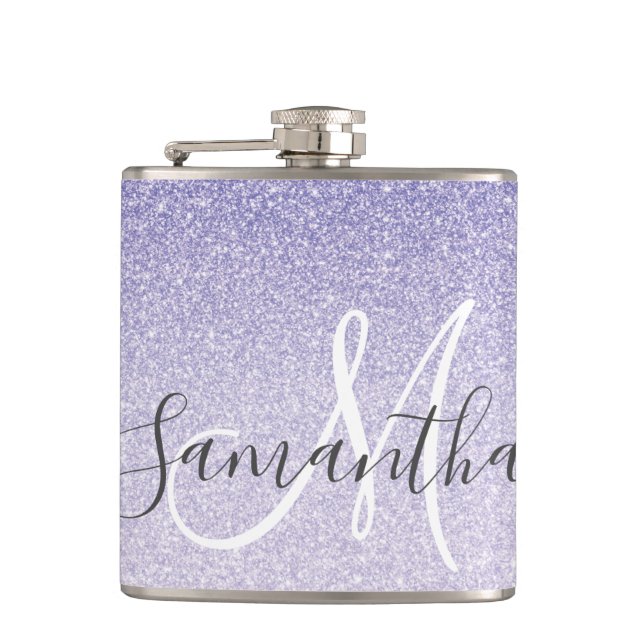 Modern Purple Glitter Sparkles Personalized Name Flask (Front)