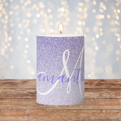 Modern Purple Glitter Sparkles Personalized Name Pillar Candle