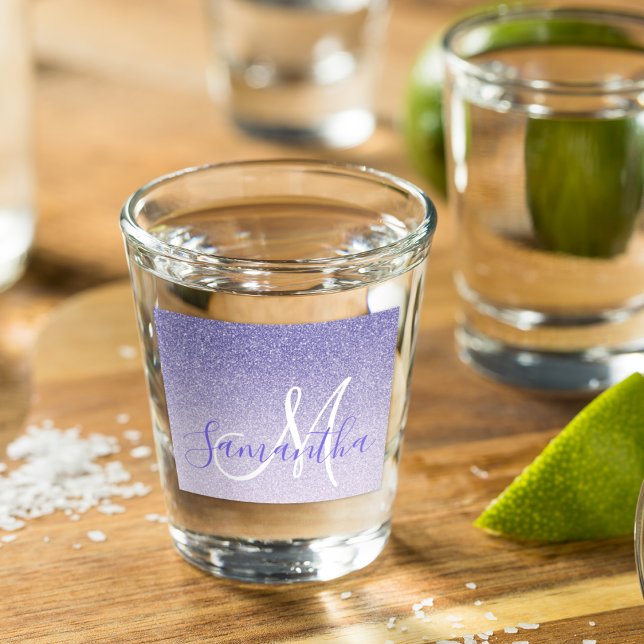 Modern Purple Glitter Sparkles Personalized Name Shot Glass (Creator Uploaded)