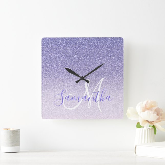 Modern Purple Glitter Sparkles Personalized Name Square Wall Clock (Home)