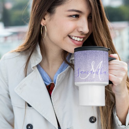 Modern Purple Glitter Sparkles Personalized Name Travel Mug
