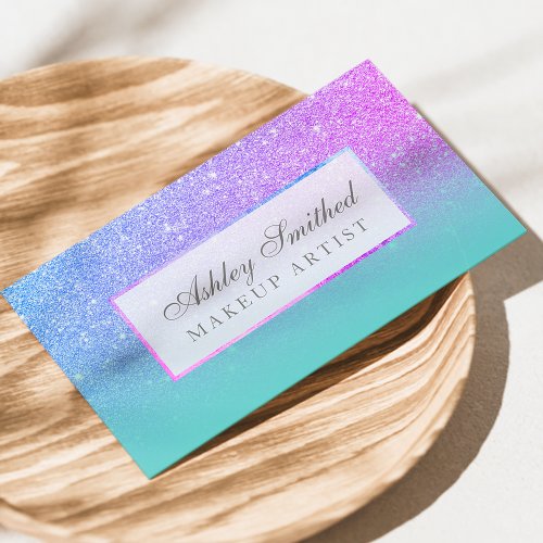 Modern purple glitter teal ombre makeup business card