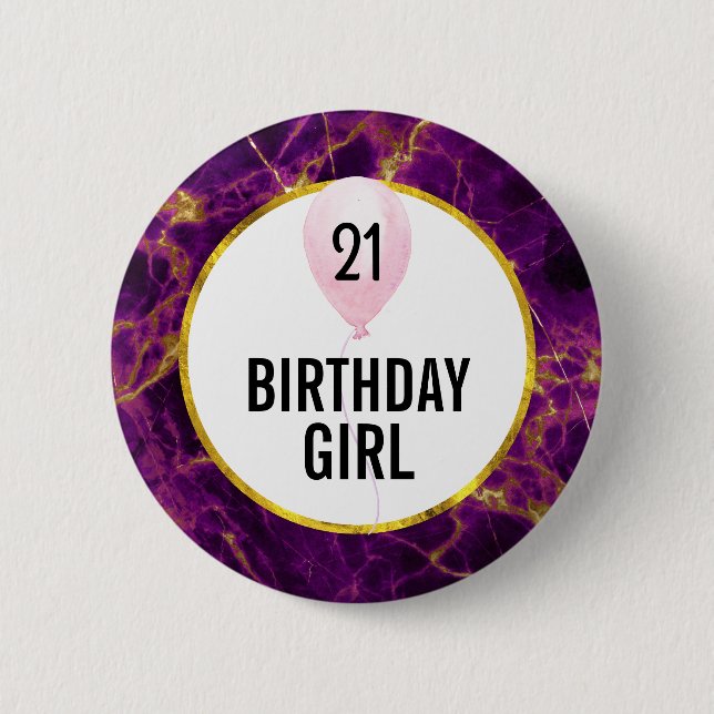 Modern Purple & Gold Abstract Marble Birthday Button (Front)