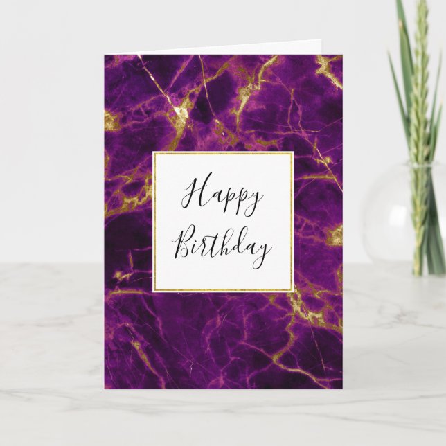 Modern Purple & Gold Abstract Marble Birthday Card (Front)