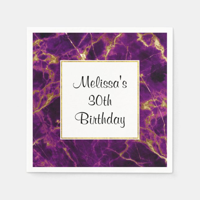 Modern Purple & Gold Abstract Marble Birthday Napkins (Front)