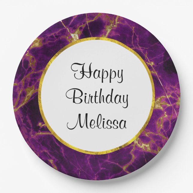Modern Purple & Gold Abstract Marble Birthday Paper Plates (Front)