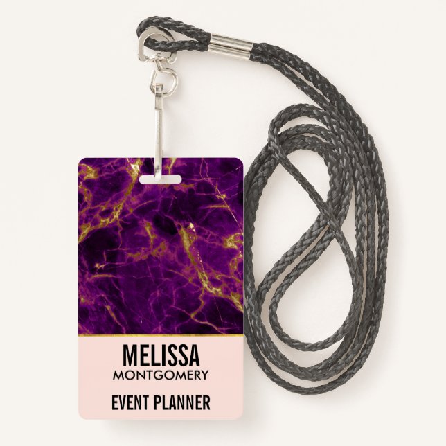 Modern Purple & Gold Abstract Marble Business Badge (Front with Lanyard)