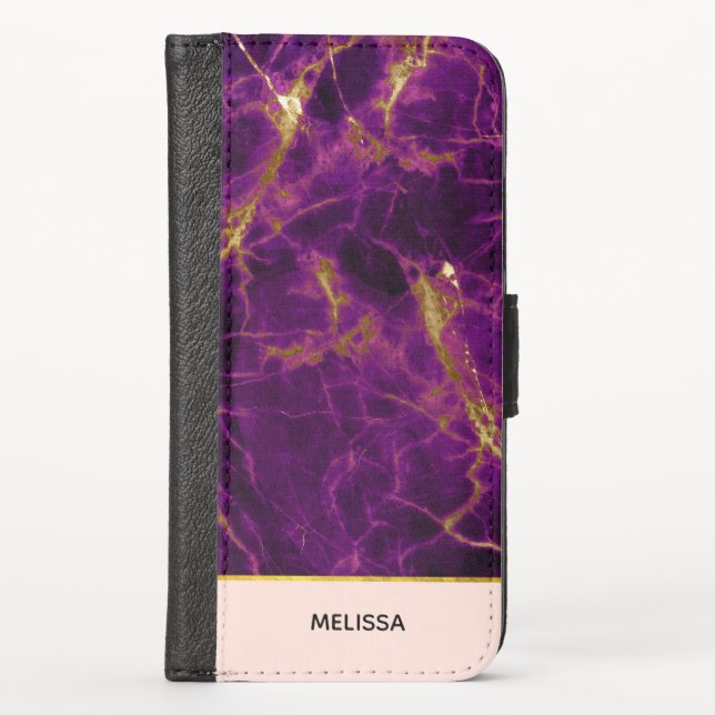 Modern Purple & Gold Abstract Marble iPhone Wallet Case (Front)
