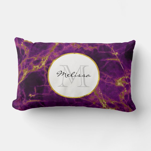 Modern Purple & Gold Abstract Marble Lumbar Pillow (Front)