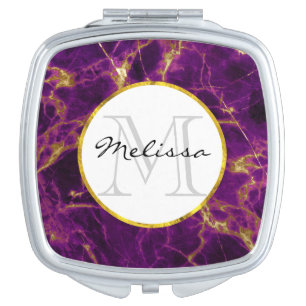 Modern Purple & Gold Abstract Marble Monogram Compact Mirror