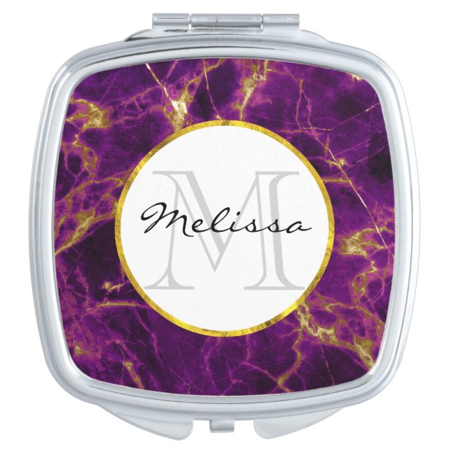 Modern Purple & Gold Abstract Marble Monogram Compact Mirror (Front)