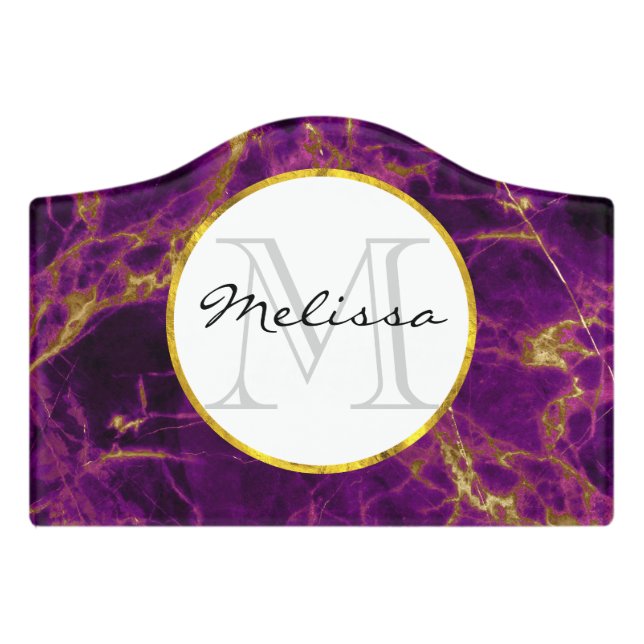 Modern Purple & Gold Abstract Marble Monogram Door Sign (Small Crest Front)