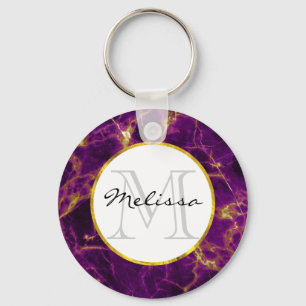 Modern Purple & Gold Abstract Marble Monogram Keychain