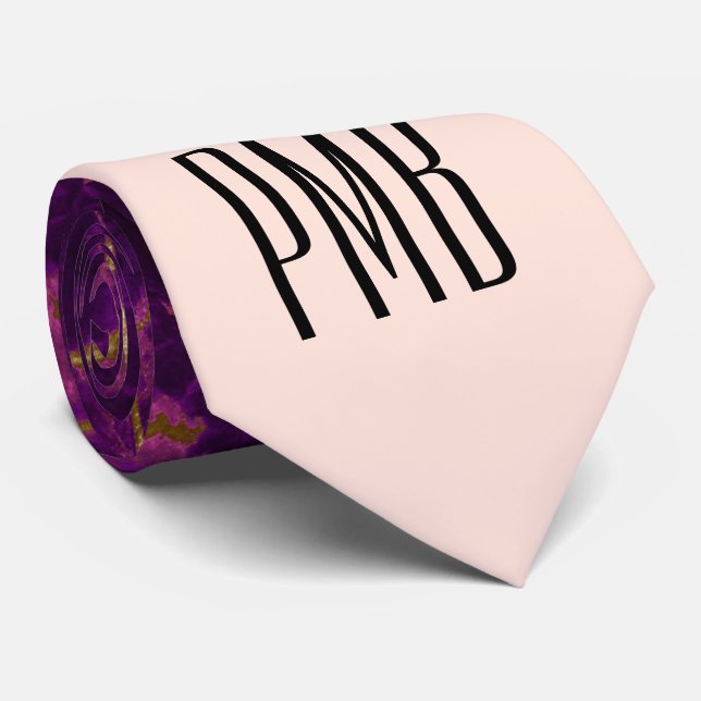 Modern Purple & Gold Abstract Marble Monogram Neck Tie (Rolled)