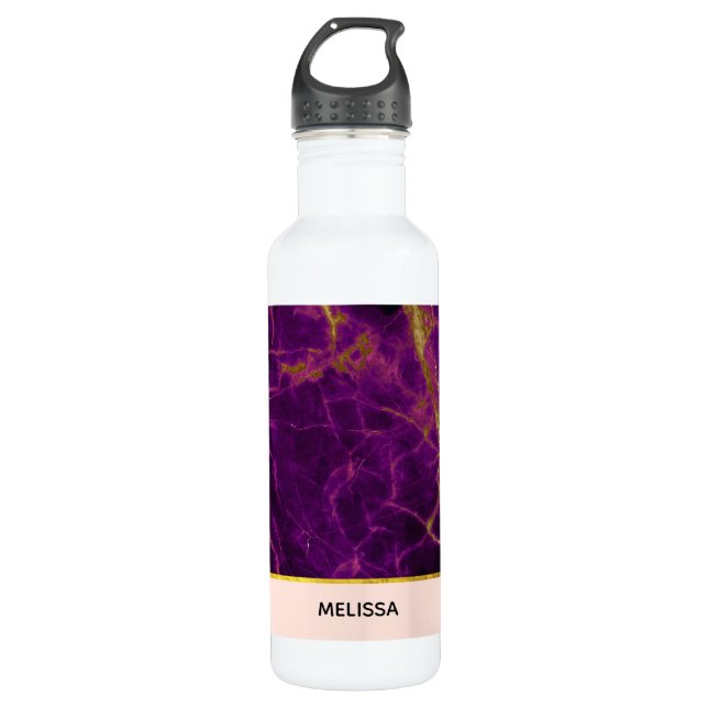 Modern Purple & Gold Abstract Marble Stainless Steel Water Bottle (Front)
