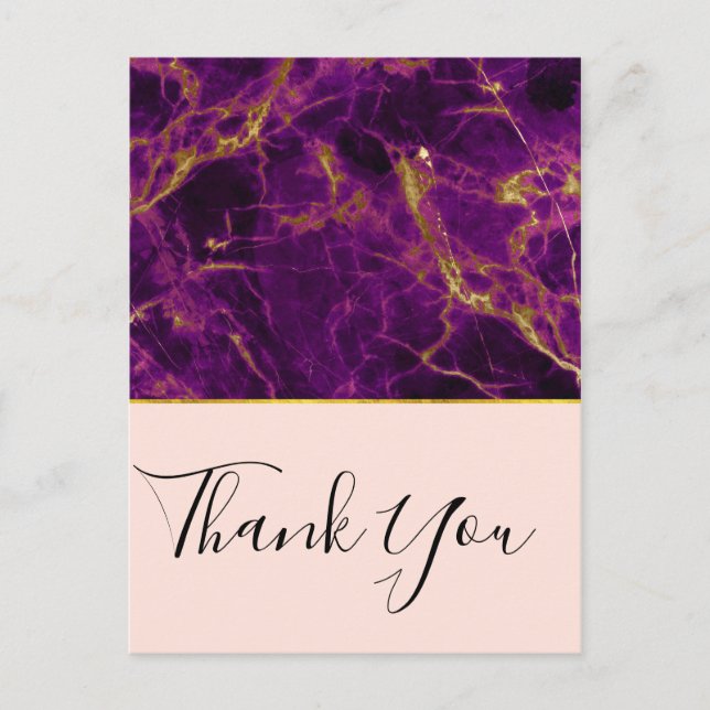 Modern Purple & Gold Abstract Marble Thank You Postcard (Front)