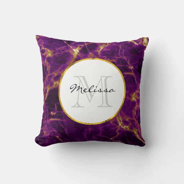 Modern Purple & Gold Abstract Marble Throw Pillow (Front)