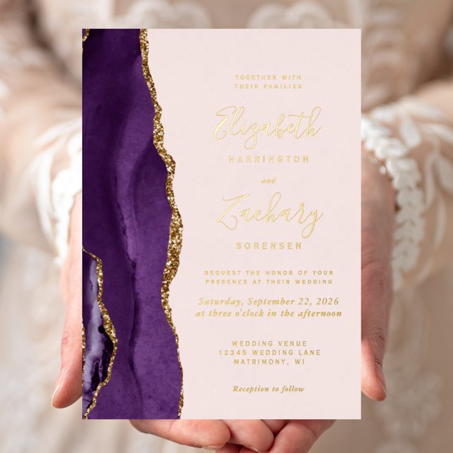 Modern Purple Gold Agate Blush Wedding Foil Invitation (Creator Uploaded)