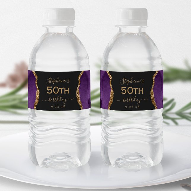 Modern Purple Gold Agate Dark 50th Birthday Water Bottle Label (Creator Uploaded)