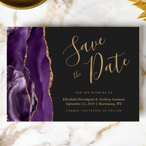 Modern Purple Gold Agate Dark Save the Date Card