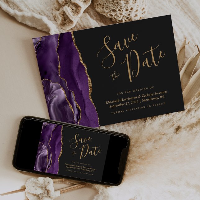 Modern Purple Gold Agate Dark Save the Date Card