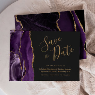 Modern Purple Gold Agate Dark Save the Date Card